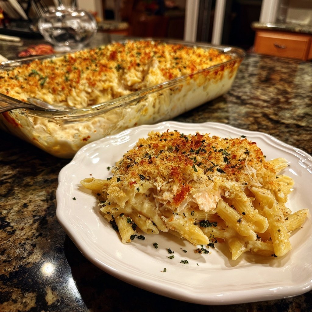 Creamy Garlic Salmon Pasta Bake